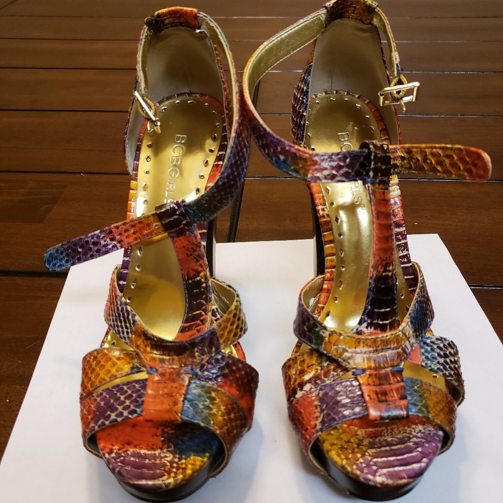 BCBGirls Multicolor snakeskin open toe buckle heel